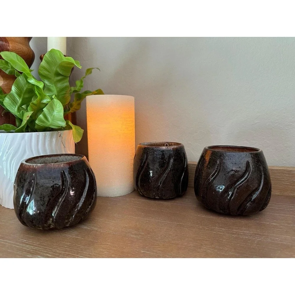 Rustic Handmade Pottery Tea Cups - Brown Black Glazed Ceramic Set of 3